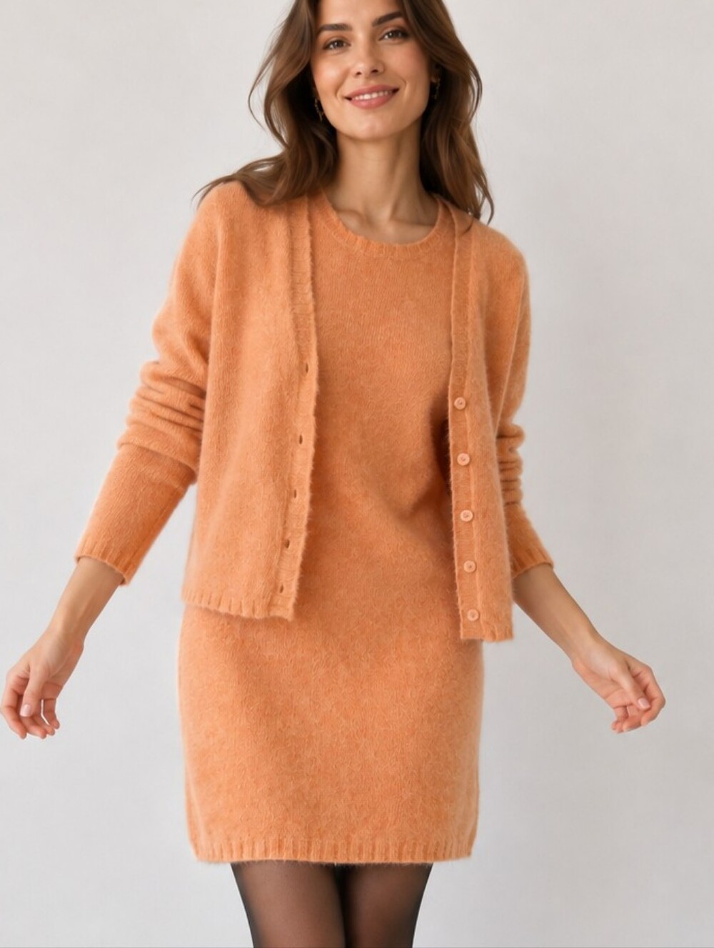 Angora Lambswool Dress Cardigan 2pc Set XS/S Orange Vintage